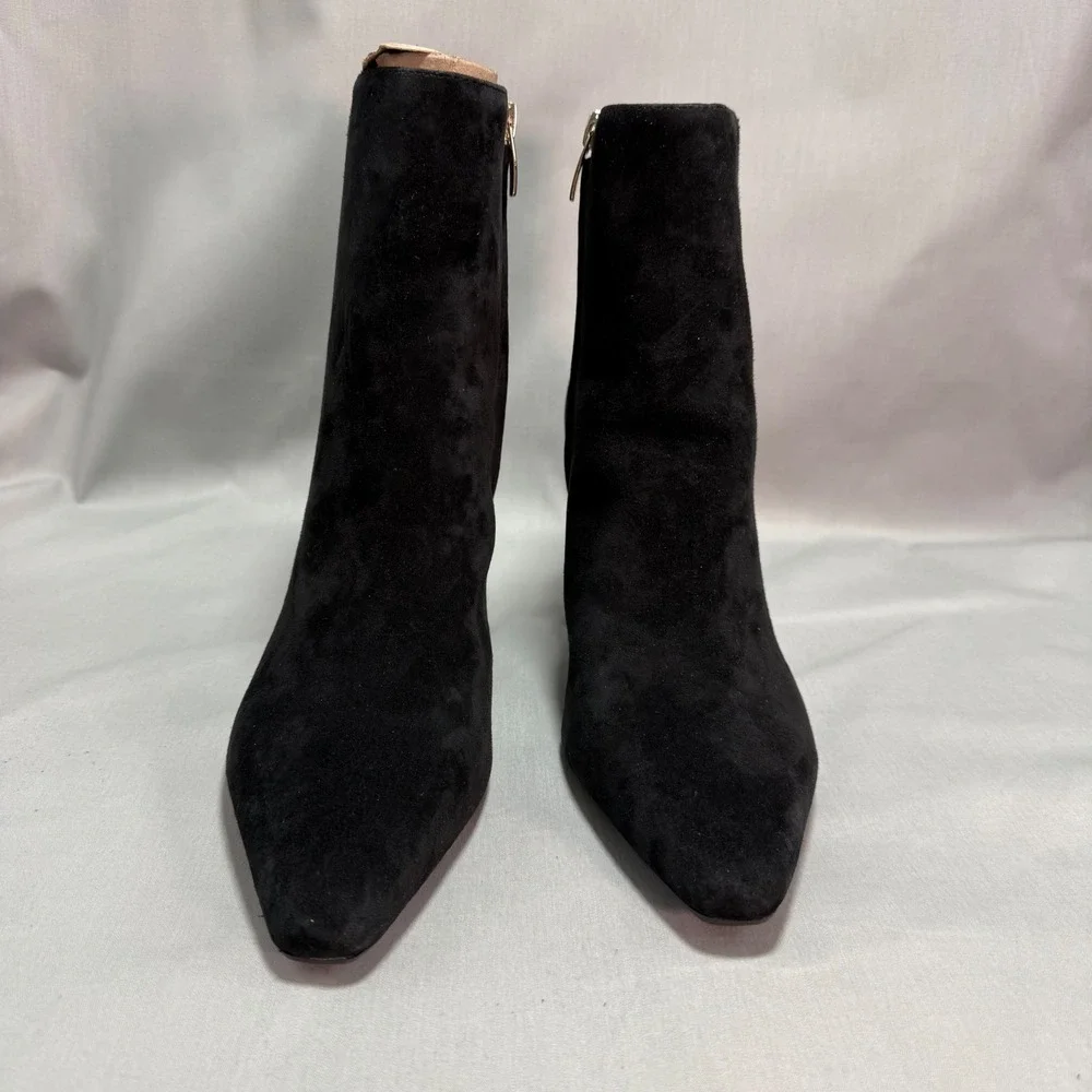 Nine West Dery Ankle Boots Black Suede Pointed Toe Block Heel Minimalist 8.5M